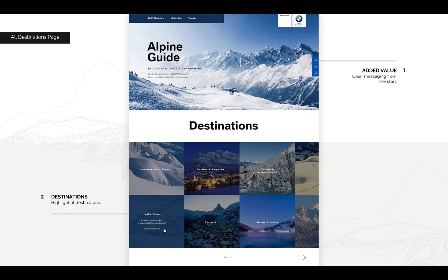 Destinations page: a full-width mountain image above a grid of destination tiles.