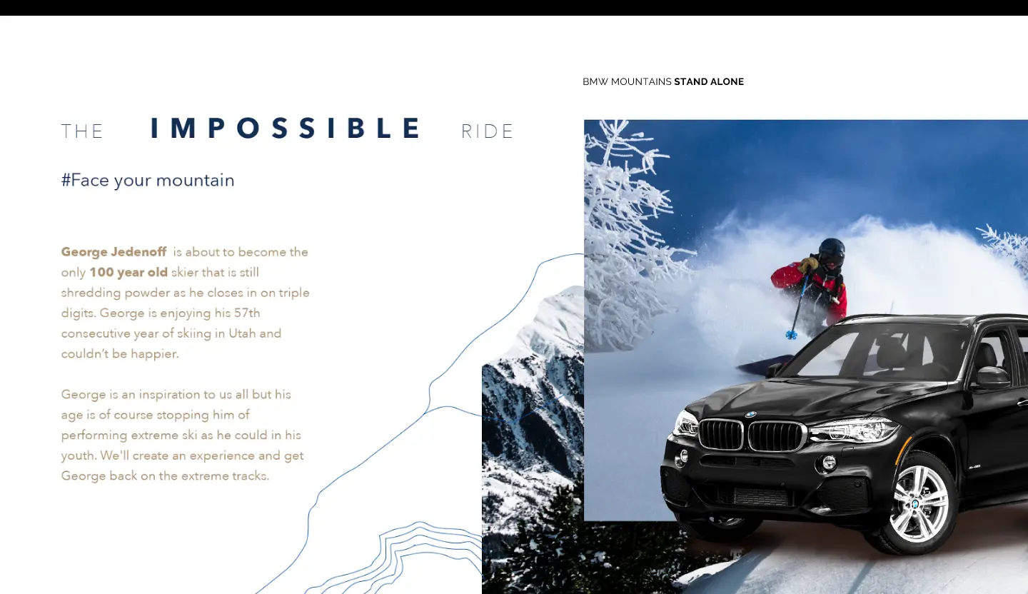 The Impossible Ride: an editorial spread about a hundred-year-old skier, with a BMW X5 in deep snow.