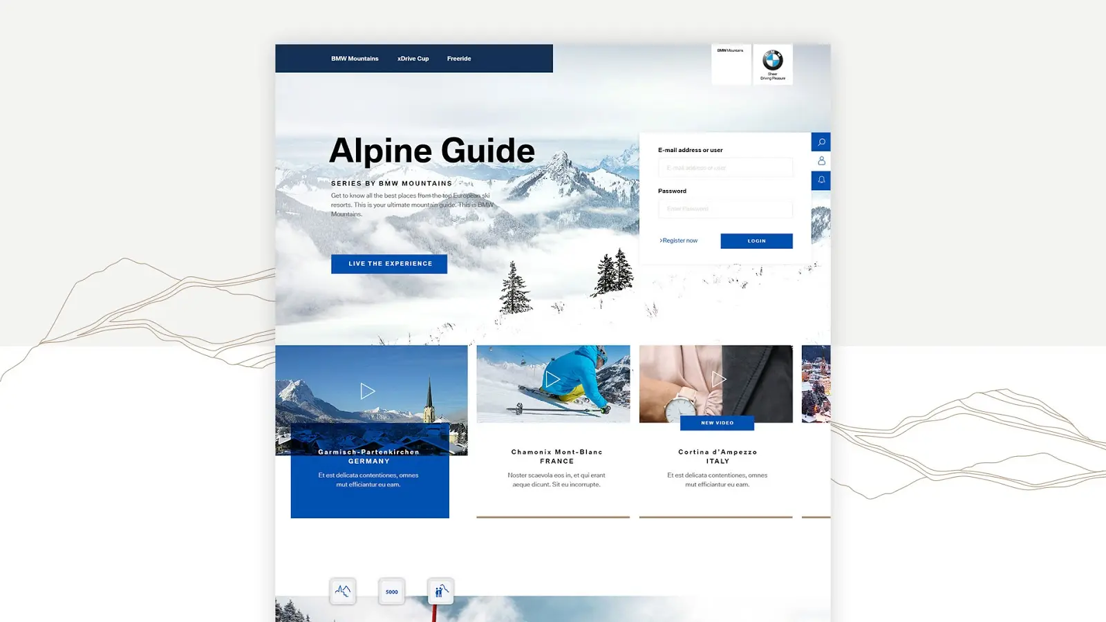 Website section: Alpine Guide, with destination cards over a contour line.