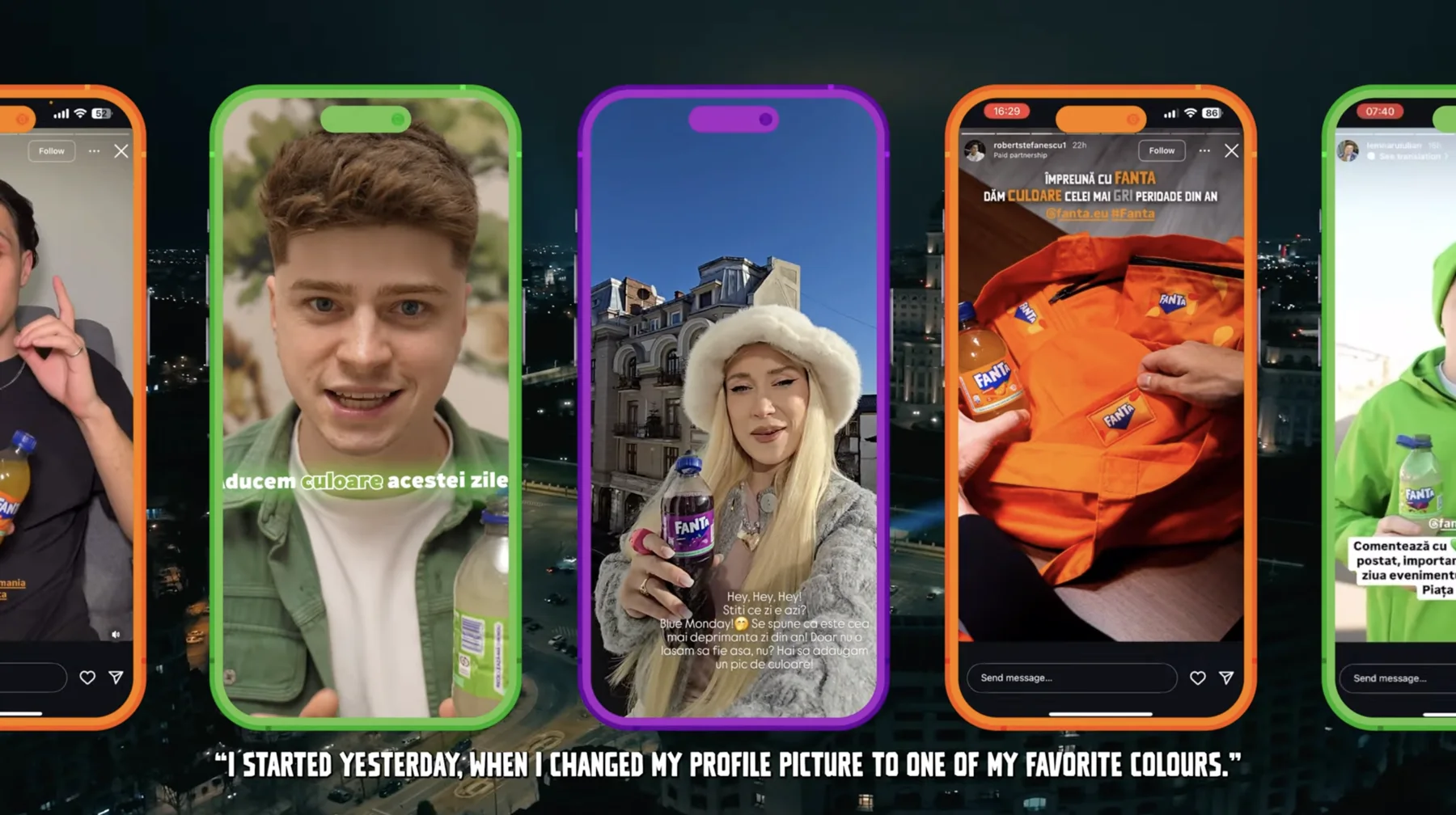 Instagram stories from creators holding Fanta, framed in orange, green and purple phones.