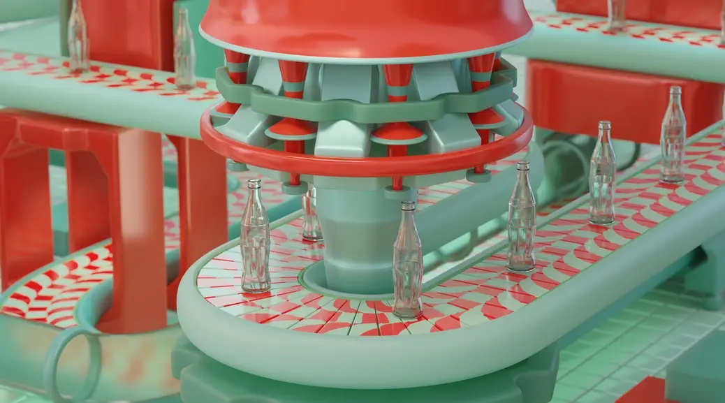 Capping machine with red nozzles above bottles on a curved belt.
