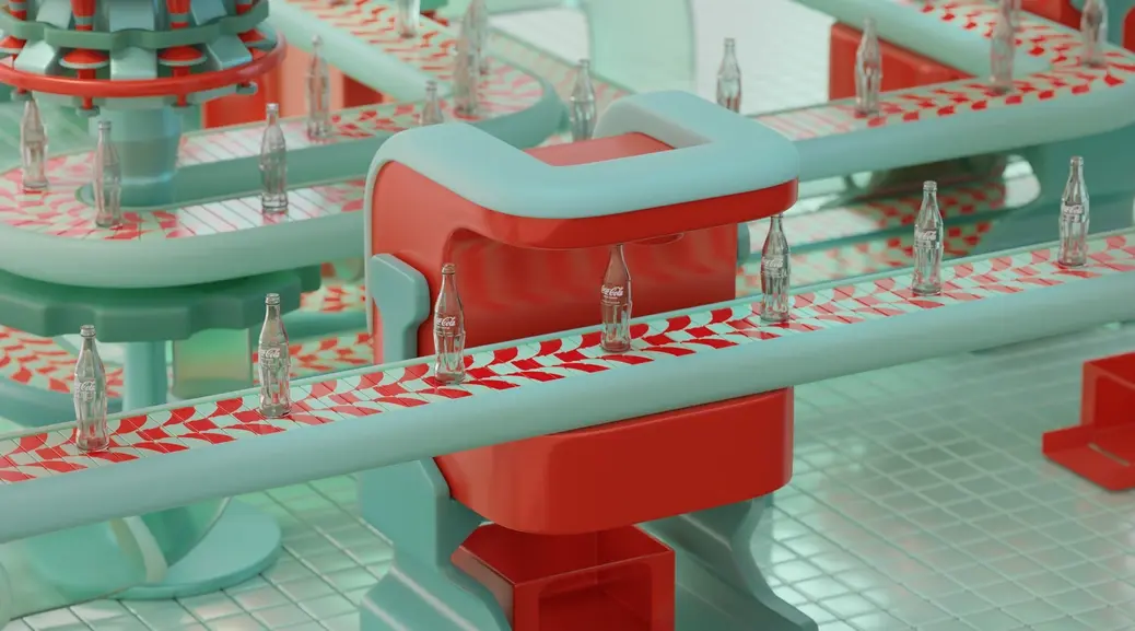 Conveyor detail with empty bottles and a patterned belt.