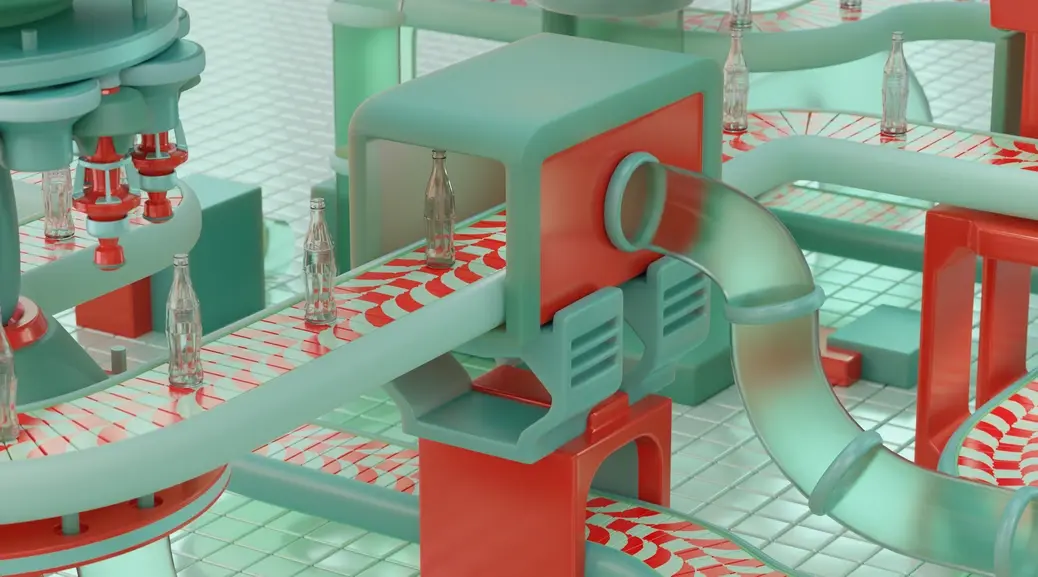 Detail of a rendered machine with a curved pipe over a conveyor of empty bottles.