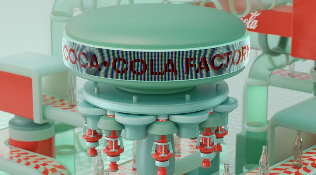Detail of an LED sign on a machine reading COCA-COLA FACTORY in a pixel typeface.