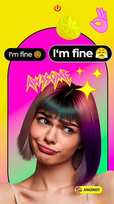 AR filter: a binary choice between I'm fine with a calm emoji and I'm fine with a stressed emoji.