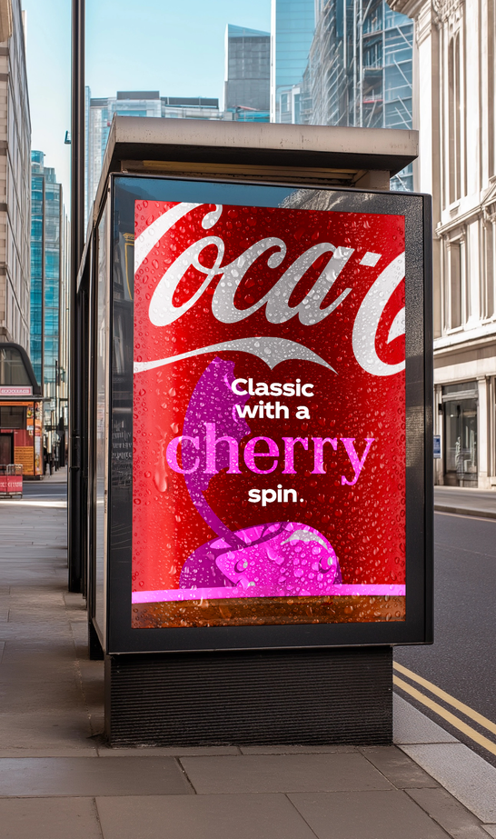Bus shelter poster: Classic with a cherry spin, the word cherry set in magenta with a cherry silhouette.