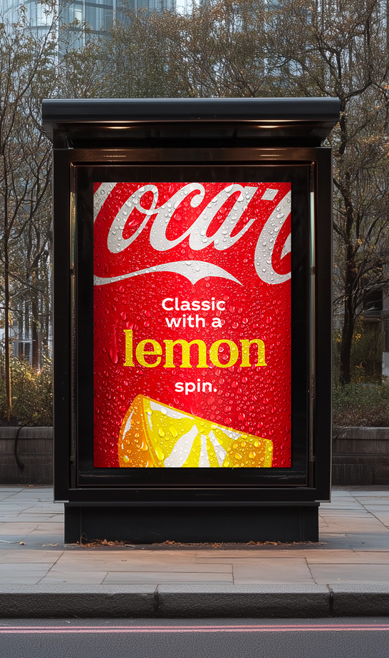 Bus shelter poster: Classic with a lemon spin, the word lemon set in yellow with a lemon wedge.